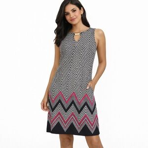 EUC Women's New Directions Petite Sleeveless Dress Black/Pink Pattern Size PS